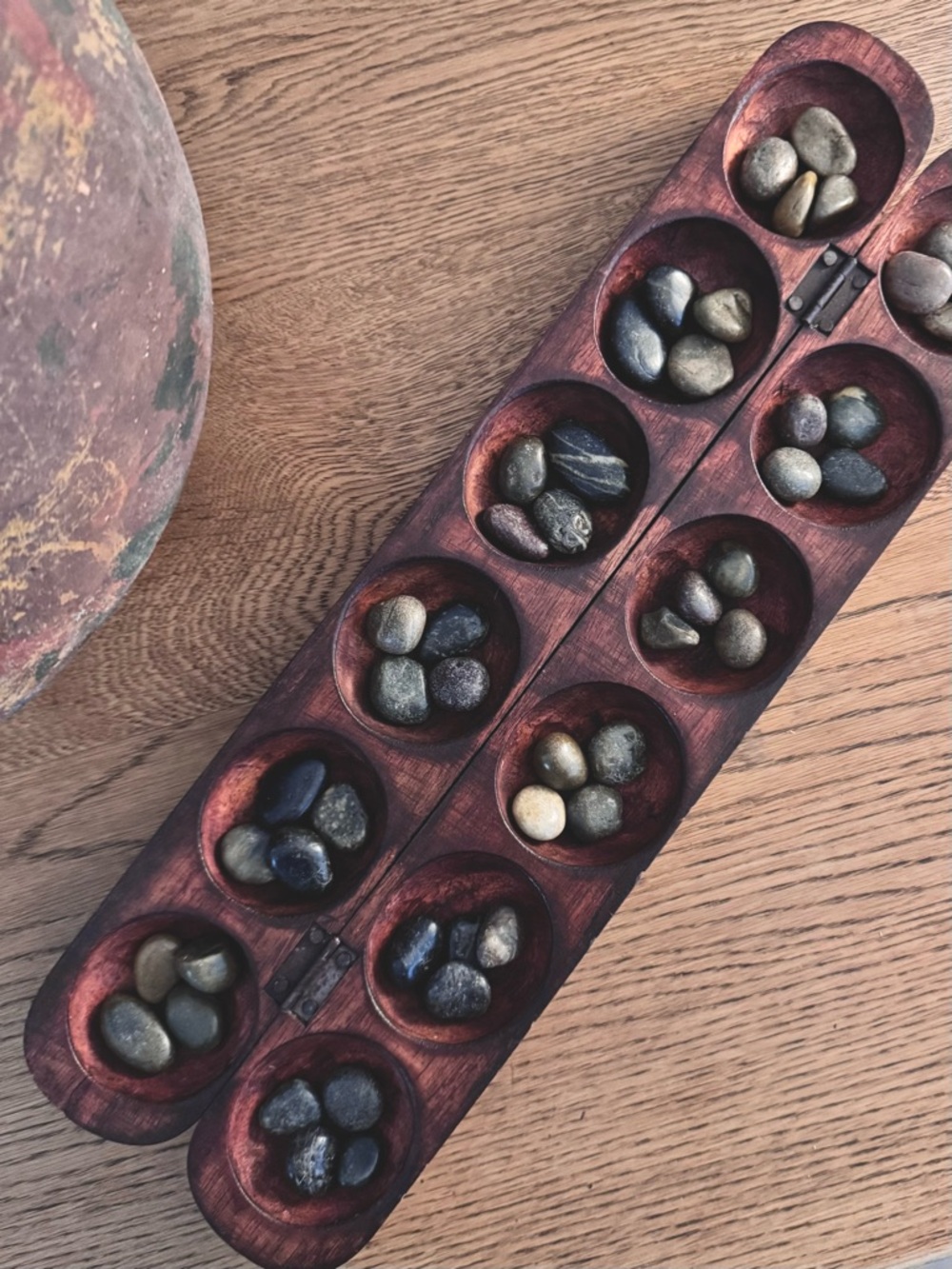 Vintage Carved Wood Folding Mancala Board Game With Stones Rustic Decor